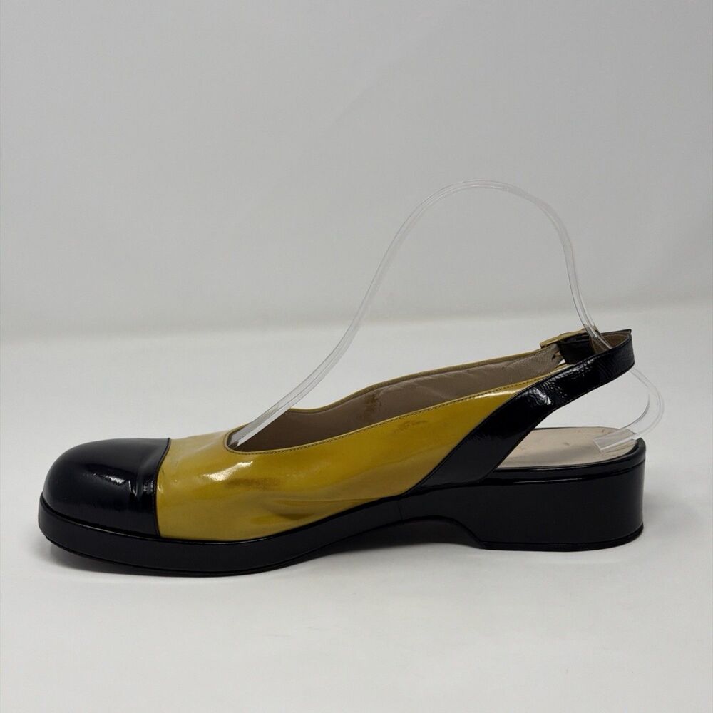 Chanel Vintage Slingback Heels Yellow Black Cap Toe Patent Leather EU 40 Italy - Picture 9 of 16
